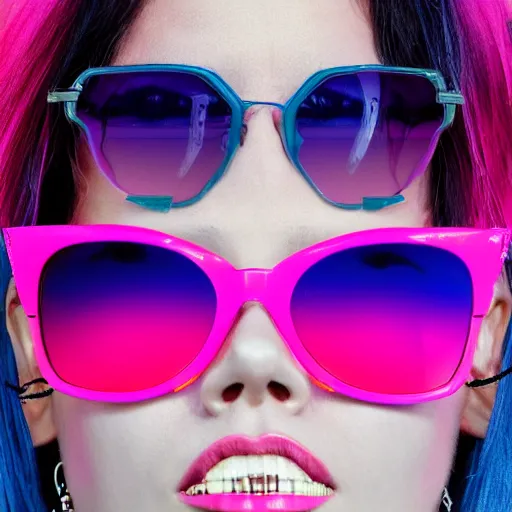 Prompt: pink and purple synthwave misato evangellion face high detail sunglasses smoking cyberpunk neon pink blue red