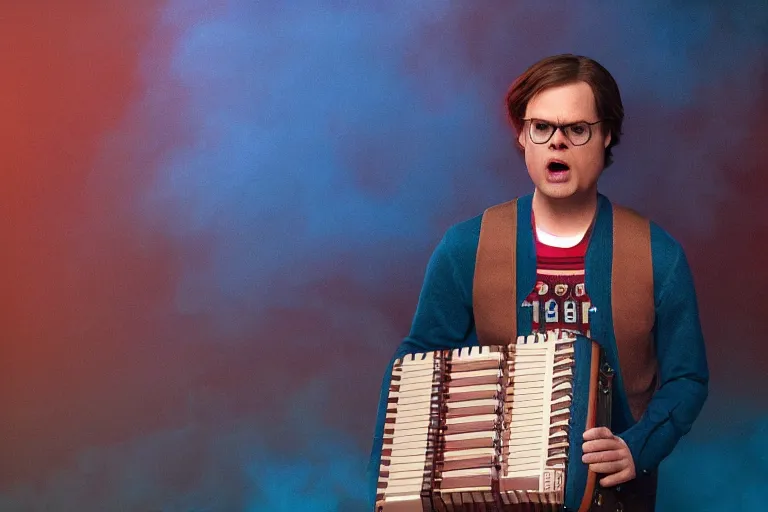 Prompt: dwight schrute playing the accordion with a vengance and yelling, dramatic scene, heavy blue fog, red lightning, ultra wide angle, movie still, photorealistic, stranger things, netflix, upside - down, colorful lighting, grainy, aerial shot, shot from above, movie still