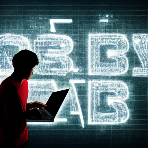 Prompt: male teenager looking at a laptop with bright screen with digital letters floating out, inside a dark room, digital art