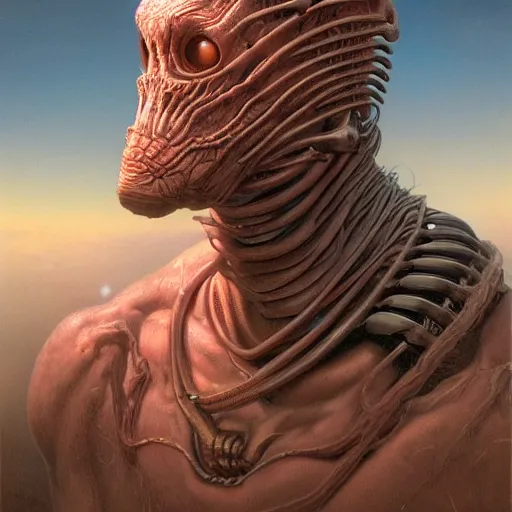 Prompt: cinematic bust portrait of beautiful creature from left, head and chest only, exotic alien features, robotic enhancements, desaturated, Tim Hildebrandt, Wayne Barlowe, Bruce Pennington, donato giancola, larry elmore, oil on canvas, masterpiece, trending on artstation, featured on pixiv, cinematic composition, dramatic pose, beautiful lighting, sharp, details, hyper-detailed, HD, HDR, 4K, 8K
