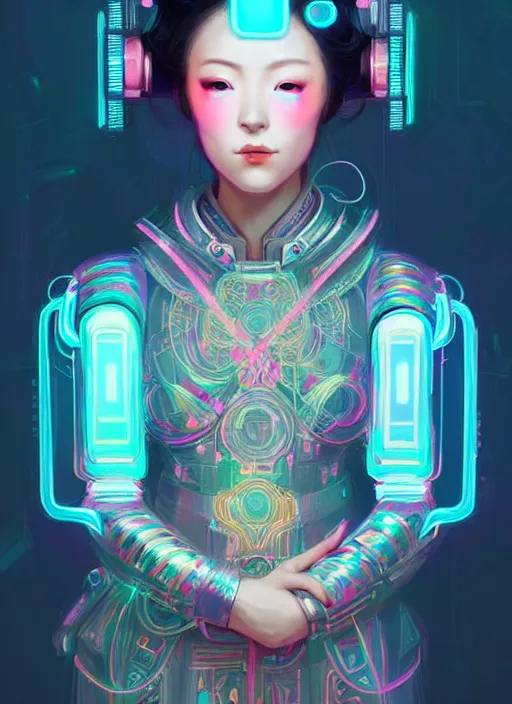 Image similar to portrait of female japanese android wearing a vr headgear and in an elaborate kimono dress, hologram hovering around her, intricate detail, cyber neon lighting, highly detailed, beautiful wide angle photography, artstation, glamor pose, concept art, art by peter mohrbacher, pinterest, artstation,