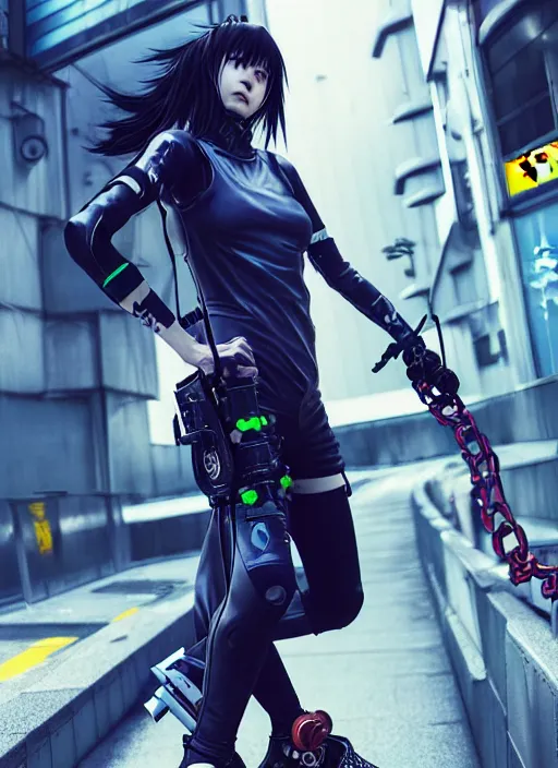 Prompt: hyper - realistic cyberpunk anime woman wearing inline skate, tokyo street, extreme detail, good face, model, concept art, in style of yoji shinkawa, pan ren wei, col price, atey ghailan, by greg rutkowski, aesthetic