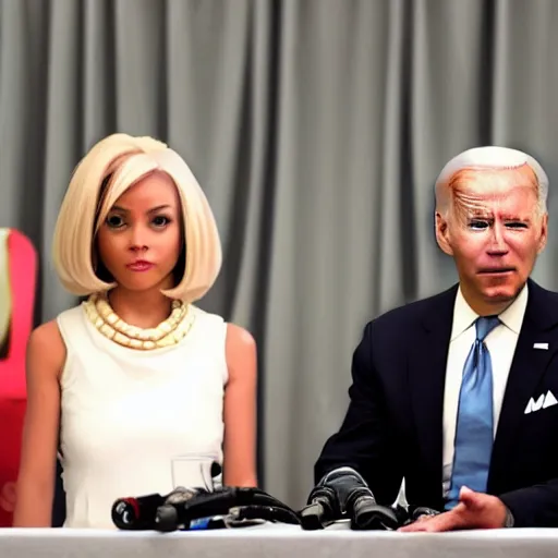 Prompt: alien, gray alien, wearing a blond wig and a red dress and ((Joe Biden)) at a press conference, photograph, highly detailed, 4K
