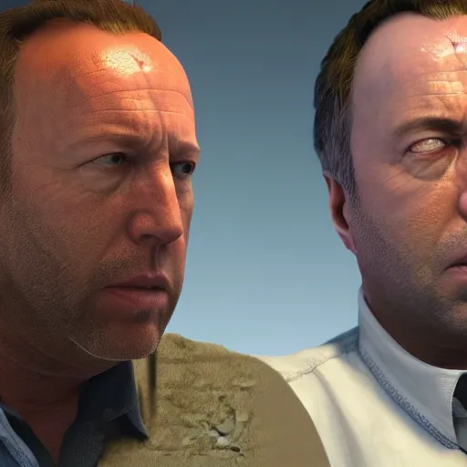 Image similar to hyperrealistic mixed media image of info wars alex jones terrified in gta v, stunning 3 d render inspired art by xiang duan and thomas eakes and greg rutkowski, perfect facial symmetry, hyper realistic texture, realistic, highly detailed attributes and atmosphere, dim volumetric cinematic lighting, 8 k octane detailed render, post - processing, masterpiece,
