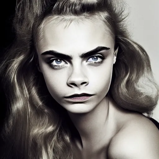 Prompt: photo of a gorgeous 20-year-old Cara Delevingne with 1960s hairstyle by Mario Testino, detailed, head shot, award winning, Sony a7R -
