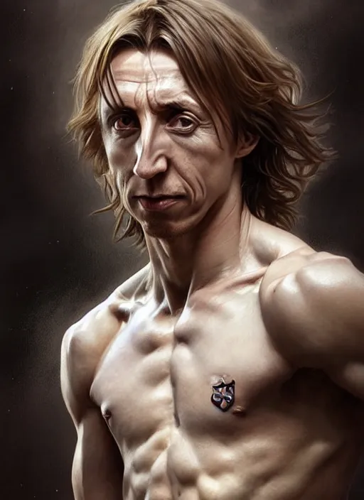 Image similar to portrait of aggressive luka modric, d & d, muscular! white, fantasy, intricate, elegant, highly detailed, digital painting, artstation, concept art, smooth, sharp focus, illustration, art by artgerm and greg rutkowski and alphonse mucha