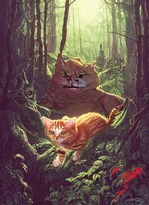 Image similar to a hyper realistic illustrated cat with happy lighting playing in the woods gorgeous lighting, sunbeams blue sky, lush forest foliage painting by chiara bautista and beksinski and norman rockwell and greg rutkowski weta studio, and lucasfilm