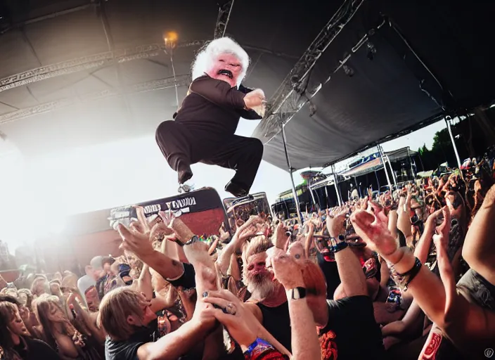 Image similar to photo still of rip taylor at vans warped tour!!!!!!!! at age 6 3 years old 6 3 years of age!!!!!!! stage diving at a crowd, 8 k, 8 5 mm f 1. 8, studio lighting, rim light, right side key light