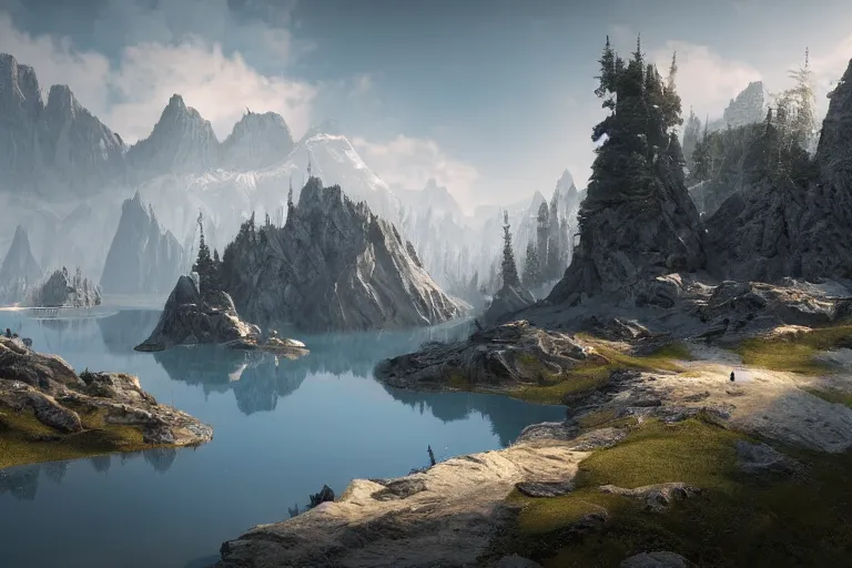 Image similar to a epic view of a mountainous lake, concept art, trending on, very detailed, unreal engine, 4 k, photoreal, volumetric lighting, light rays, epic composition