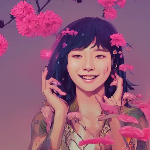 Image similar to portrait of a kpop star, smiling with flowers in hands. sharp focus, cinematic pose, cinematic lighting, unreal engine render. art by josan gonzales and moebius and deathburger.