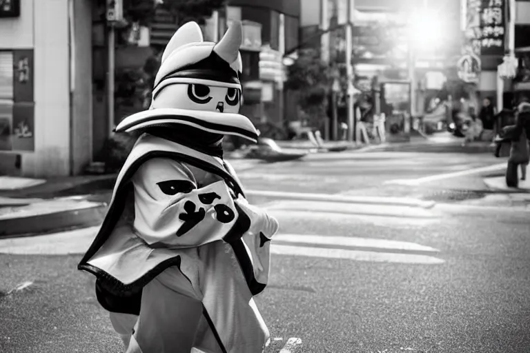 Prompt: still photo of a japanese anime mascot on the street, black and white color aesthetic, highly detailed, photorealistic portrait, bright studio setting, studio lighting, crisp quality and light reflections, unreal engine 5 quality render