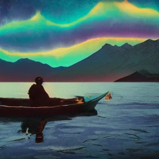 Prompt: balrog on a boat in beautiful mountain lake at night still water aesthetic purple clouds