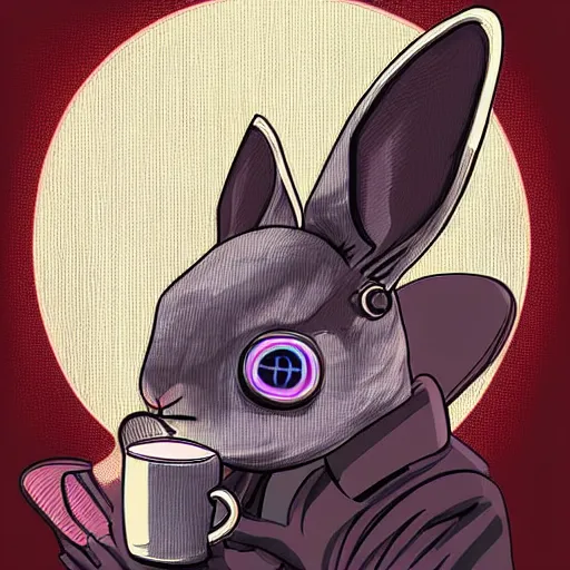 Prompt: rabbit with augmented cyberpunk ears cozy sitting in a chair drinking coffee and smoking cigar. digital art