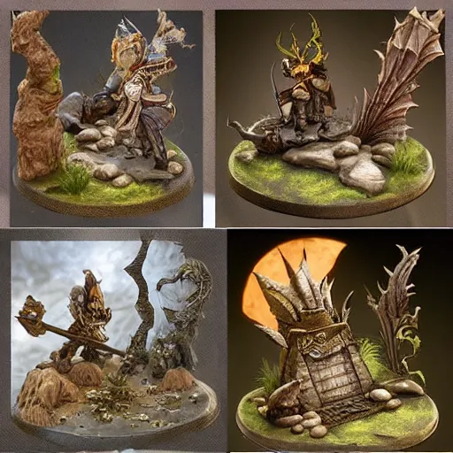 Image similar to highly detailed miniatures of various fantasy items from fantasy game. perfect lighting, ray tracing, realistic.