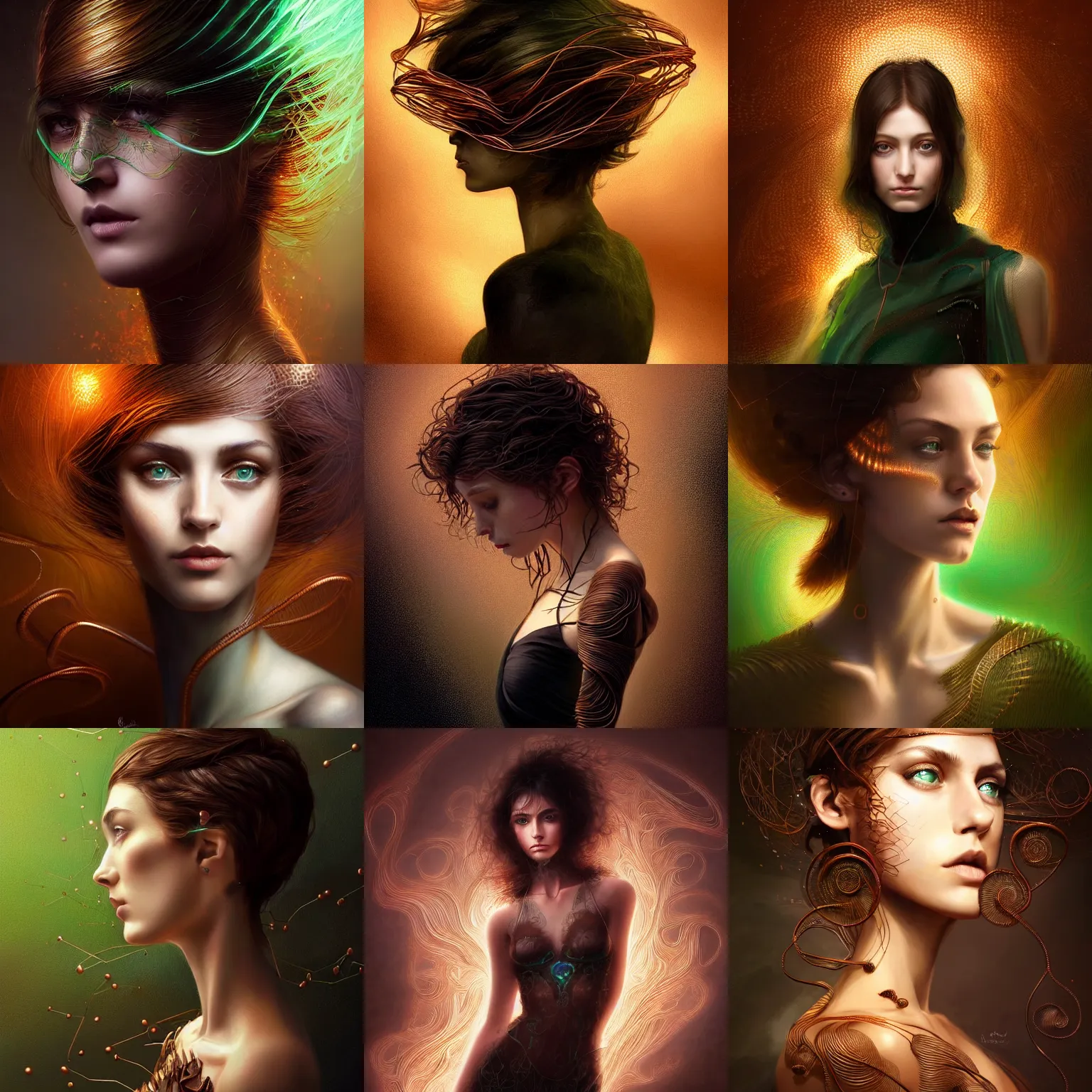 Prompt: generative art beautiful young woman, green eyes, short brown hair, thin copper wires, ( ( fractals ) ) black background, digital painting, extremely detailed, 4 k, intricate, brush strokes, johanna martine, janusz jurek, mark arian, artgerm, bastien lecouffe - deharme, peter mohrbacher