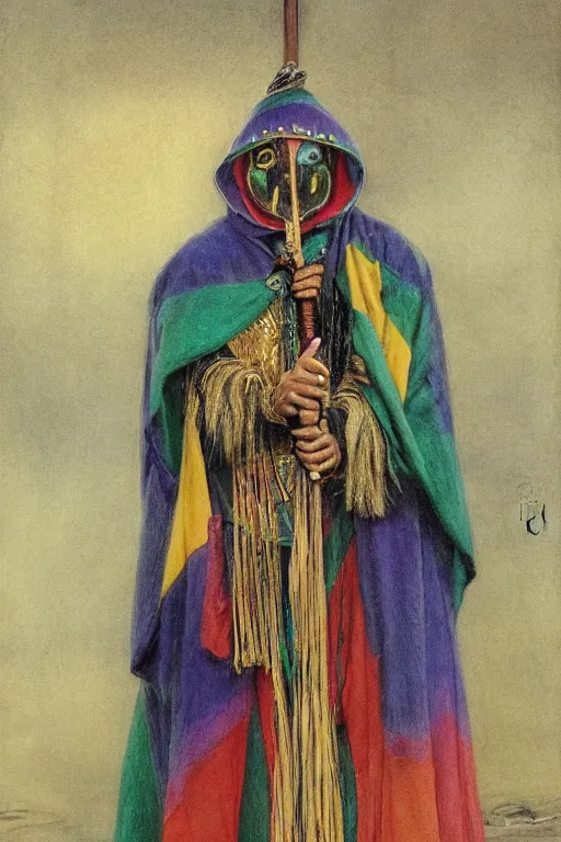 Image similar to a shaman in a rainbow hooded poncho, a venetian mask and holding a gold cane. by alan lee