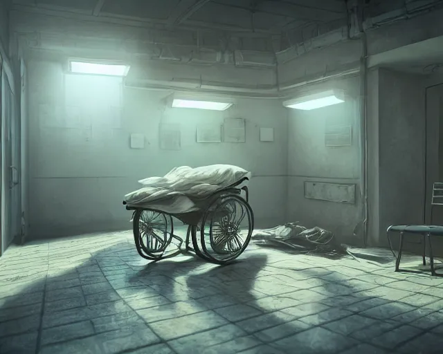 Image similar to artstation scifi scene of an old chinese ward, a bouquet of light on the ground business card, one ceiling fan, 2 wheelchair, crutches, 4 beds, dust, paneled walls, unreal engine 5, hyper realism, realistic shading, cinematic composition, blender render, octane render, hdr, detailed textures, photorealistic, wide shot