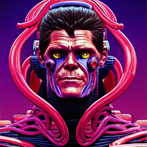 Image similar to portrait painting of a cyberpunk muscular willem dafoe with big horns, sharp focus, award - winning, trending on artstation, masterpiece, highly detailed, intricate. art by josan gonzales and moebius and deathburger