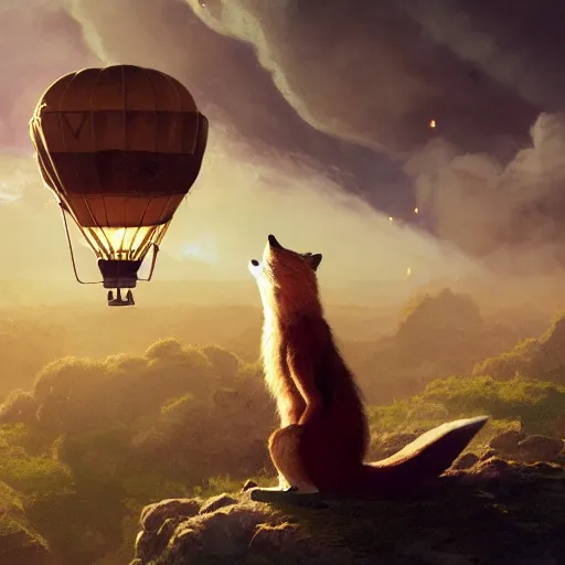 Image similar to anthropomorphic fluffy fox look like Indiana jones on the hot air balloon at night, clouds around, entire person visible, DnD character, unreal engine, octane render, dramatic lighting, pond, digital art, by Stanley Artgerm Lau, greg rutkowski, thomas kindkade, alphonse mucha, loish, norman Rockwell,