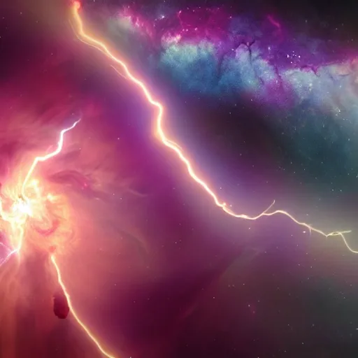 Image similar to nebula made of lightning, planets, shore, twister, 4 k