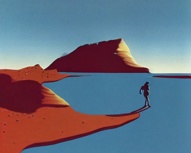 Image similar to roger dean 1 9 8 0 s art of a lone man walking in the dry desert of a strange bizarre alien planet surface lakes reflective clear blue water, rainbow in sky, imagery, illustration art, album art