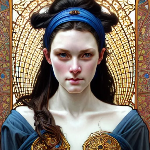 Image similar to Portrait of a female cleric wearing a kerchief covering her ears. She has blue eyes, black hair, porcelain skin, full lips, high slanted cheekbones. Fantasy art by artgerm and greg rutkowski and alphonse mucha, intricate, elegant, highly detailed, digital painting, concept art, illustration, award winning on artstation, D&D, AD&D.