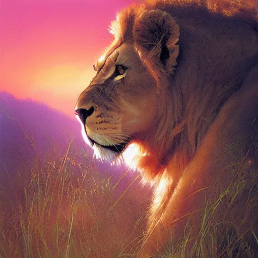 Image similar to spiritual twin flame lioness and lion art pink sunset hue highly detailed oil painting hue by craig mullins