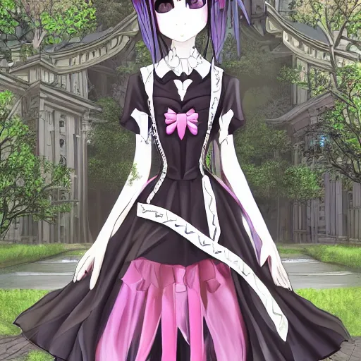 Image similar to beautiful android gothic lolita standing in a city taken over by nature , theme of sadness, melancholy, and dark beauty, high exposure