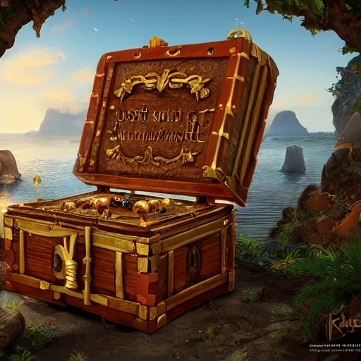Image similar to island inside of a treasure chest with ornate details, unreal engine, ultradetailed, trending on artstation, devianart, cgsociety, amazing details