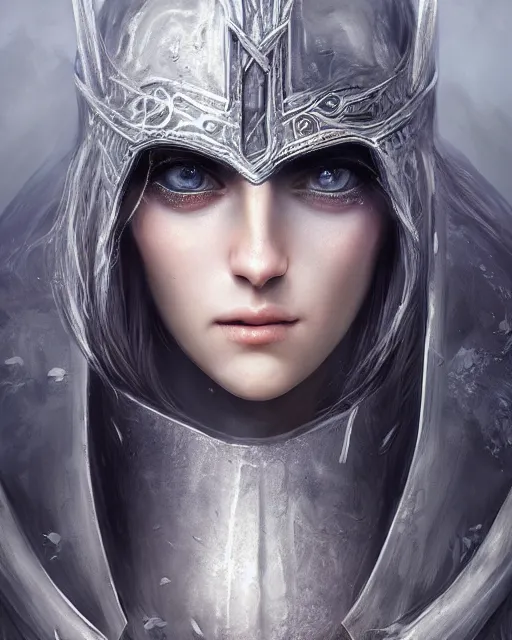 Image similar to portrait of a beautiful female knight with shimmering hair, symmetrical face and eyes, cgsociety, Elden Ring, Dark Souls, Bloodborne