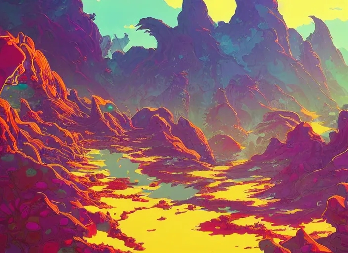 Image similar to psychedelic art of a landscape made of dragons, detailed, cel shaded, by makoto shinkai and moebius and anton fadeev and james gurney