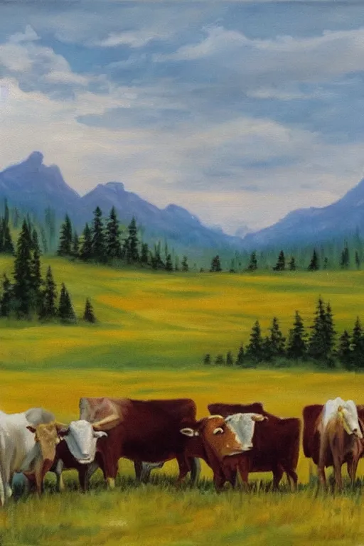 Image similar to bob ross painting of cattle grazing in alberta praries