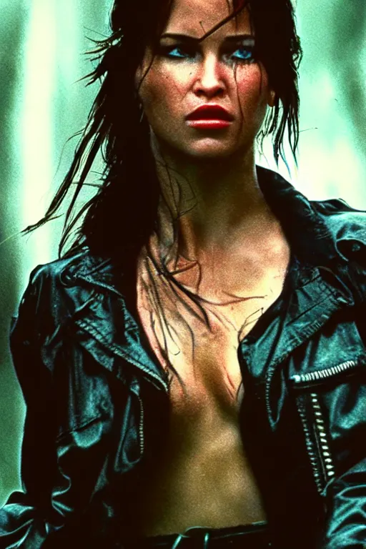 Prompt: cinestill 5 0 d candid action photographic portrait by quentin tarantino of lara croft in treacherous waters, extreme closeup, modern cyberpunk retrofuturism moody emotional cinematic, pouring iridescent rain, 8 k, hd, high resolution, 3 5 mm, f / 3 2, motion blur, ultra realistic faces, ex machina 8 k