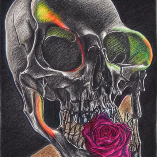Image similar to a blend of death and life, color pencil drawing, maximalist, black background