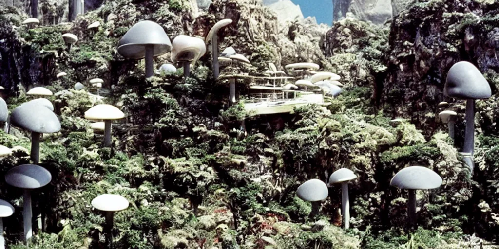 Image similar to outside view of a futuristic luxury apartment on a desolate mining planet with a lush mushroom vegetation, giant mushrooms, film still of a sci - fi movie, 1 9 8 0 s science fiction, ridley scott,