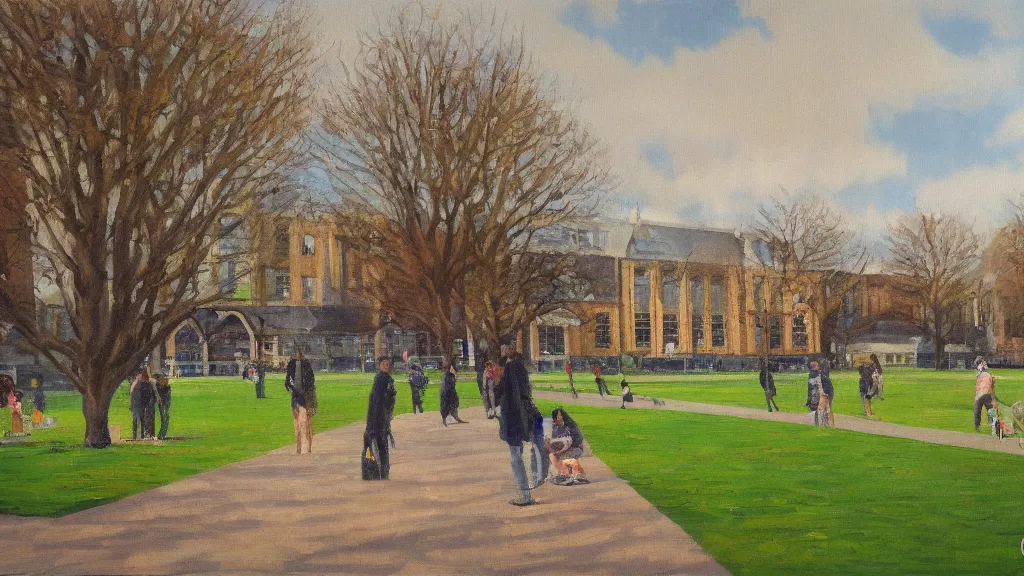 Image similar to impressionist oil painting of campus life at University college dublin