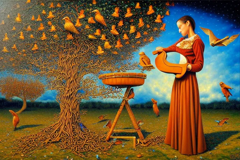 Image similar to oil painting, female playing the harph while birds are listening on the tree surreal, ultra realistic, wide angle, intricate details, artifacts, luminous skies, highly detailed, michael cheval, cinematic lighting