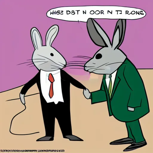 Prompt: a mouse in a suit shaking hands with a rabbit in a suit. Cartoon