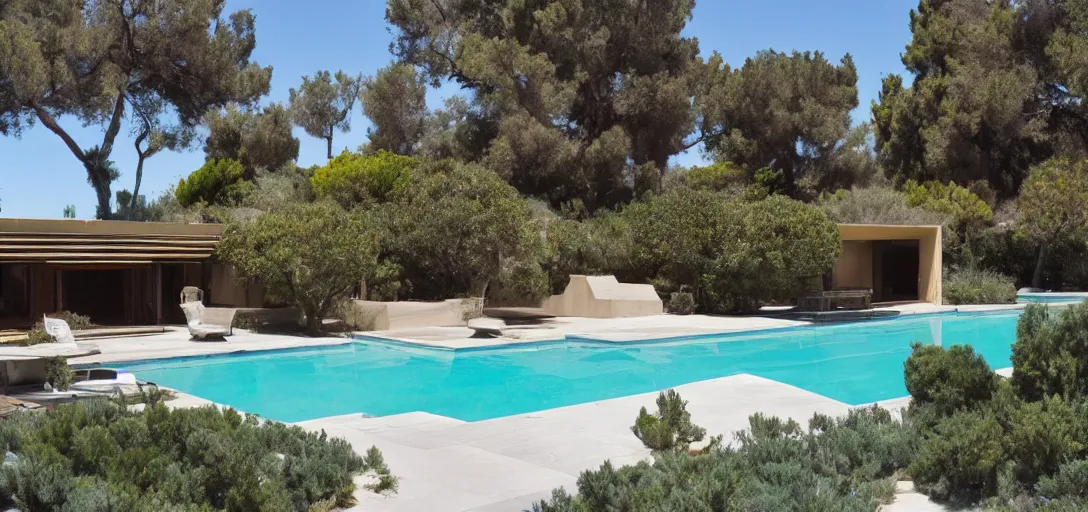 Image similar to midcentury house made of pentelic marble, designed by ictinus and callicrates. neptune pool in backyard. built in 1 9 5 9 in santa monica. owned by hollywood executive