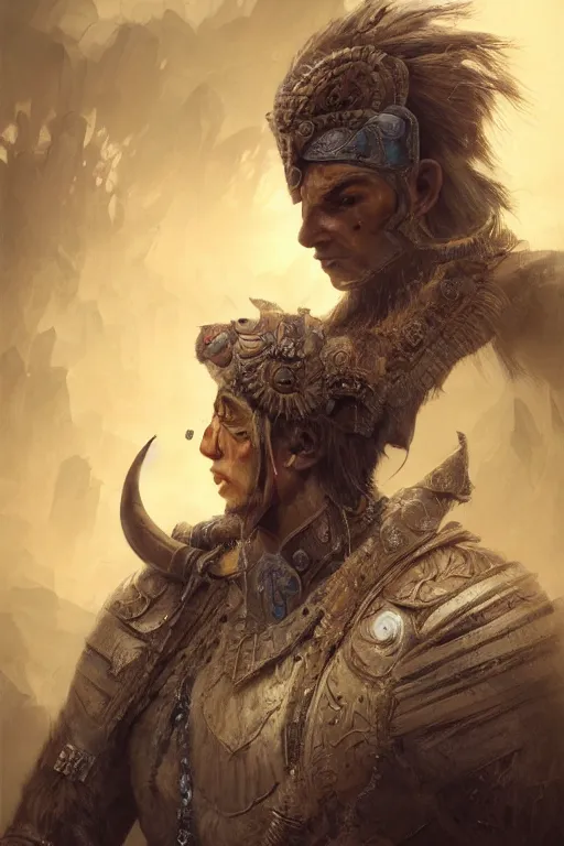 Prompt: gediminas pranckevicius jibaro hindu warrior, close - up portrait, fierce, intricate, elegant, volumetric lighting, scenery, digital painting, highly detailed, artstation, sharp focus, illustration, concept art, ruan jia, steve mccurry