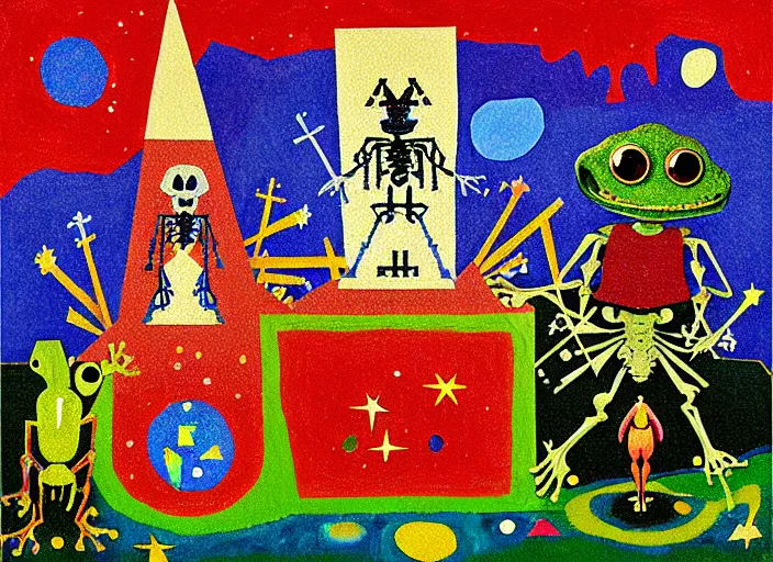 Image similar to pixel decollage painting tarot lovers card composition tower of babel road red armor maggot bear and wonky alien frog skeleton knight on a horse in a dark red cloudy night sky with golden foil jewish stars and diamonds, mountain lake and blossoming field in background, painted by Mark Rothko, Helen Frankenthaler, Danny Fox and Hilma af Klint, pixelated, neo expressionism, semi naive, pastel colors, cinematic, color field painting, cave painting, voxel, pop art look, outsider art, minimalistic. Bill Traylor painting, part by Philip Guston, Amano and Francis Bacon. art by Adrian Ghenie and Storm Thorgerson, very coherent symmetrical artwork, cinematic, hyper realism, high detail, octane render, unreal engine, Smooth gradients, depth of field, full body character drawing, extremely detailed, 8k, extreme detail, intricate detail, masterpiece