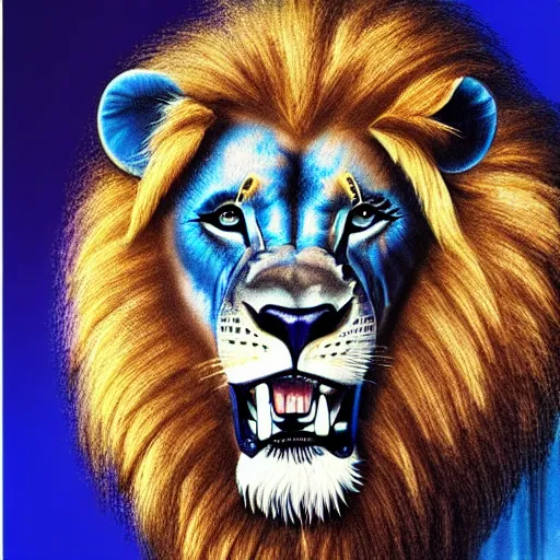 Prompt: blue glowing lion, realistic, black background