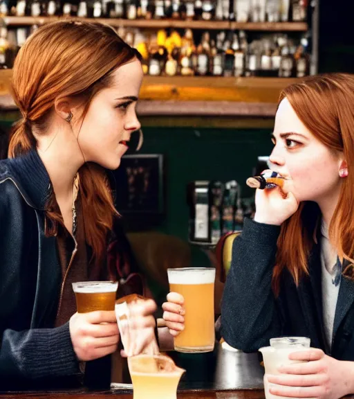 Image similar to Emma Watson and Emma stone are smoking cigarette and drinking beer in local bar photo cinematic portrait hd