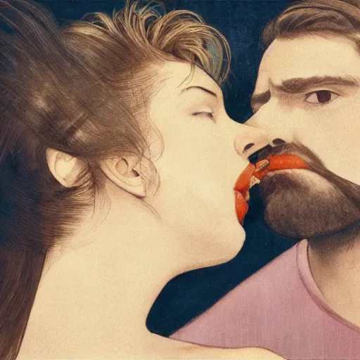 Image similar to a man licking a women's hair, the women's eyes are looking at the man who is to her left.