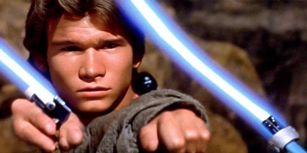 Image similar to A full color still from a film of a teenage Han Solo as a Jedi padawan holding a lightsaber hilt, from The Phantom Menace, directed by Steven Spielberg, 35mm 1990