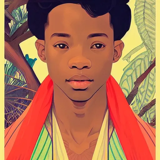 Image similar to colourful upper half portrait of an african boy - in japanese retro poster design illustration style, art by hsiao - ron cheng & alphonse mucha, highly detailed, digital painting, illustration, smooth, sharp focus, intricate, symmetry, pinterest, behance,