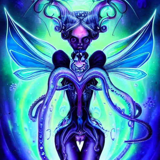 Image similar to A full shot of a dark fairy from the Abyss covered in opal. Symmetrical. Underwater. Lit from above. Dark foreboding Atmosphere. Sailor Moon. Tentacles. Kawaii. Neon glow. By Lisa Frank and HR Giger and Ross Tran. Key Art. Fantasy Illustration. award winning, Artstation, intricate details, realistic, Hyperdetailed, 8k resolution. Photoreal. Octane Render.