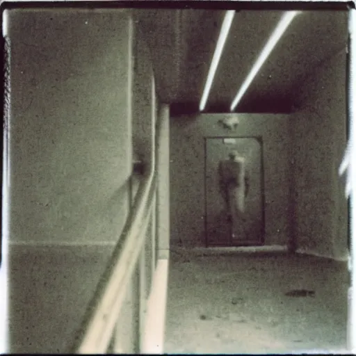 Prompt: a replicant at the top of a dark stairwell, abandoned, creepy, eerie, scary, old polaroid, expired film, out or focus,