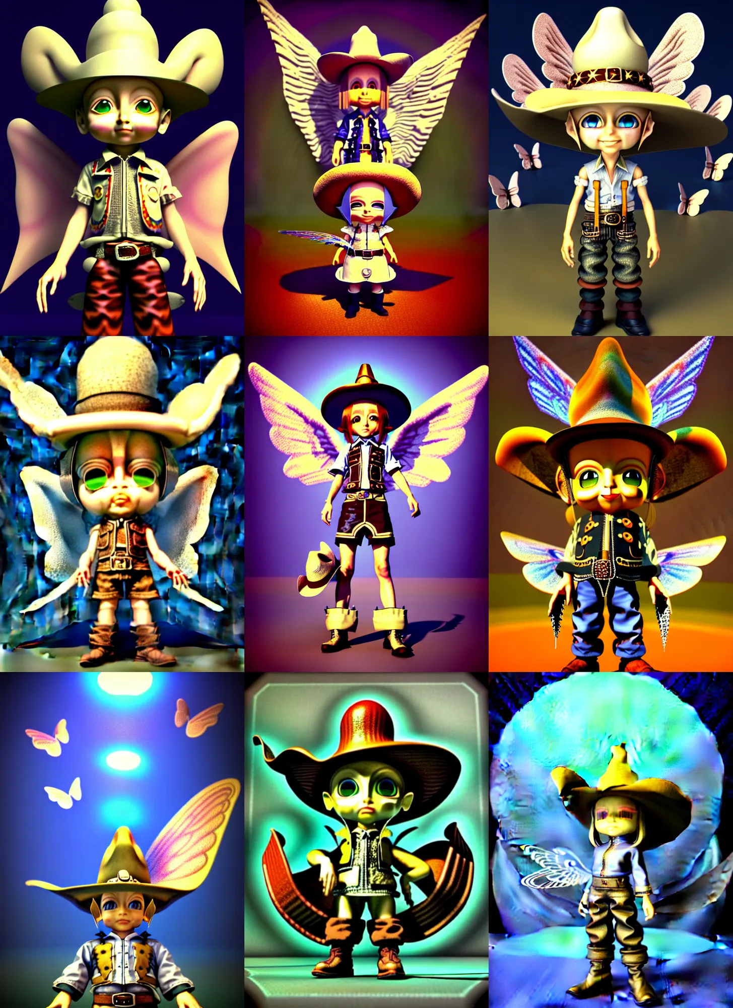 Prompt: vintage cgi 3 d render in the style of micha klein of chibi cyborg wizard final fantasy ix by ichiro tanida wearing a big cowboy hat and wearing angel wings against a psychedelic swirly background with 3 d butterflies and 3 d flowers n the style of 1 9 9 0's cg graphics 3 d rendered y 2 k aesthetic by ichiro tanida, 3 d render