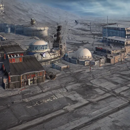 Image similar to norilsk russian city, final fantasy xiv, moonwalker photo, city street on the moon, a detailed image of a future norilsk base, sci fi - game rendered, 4 k, detailed